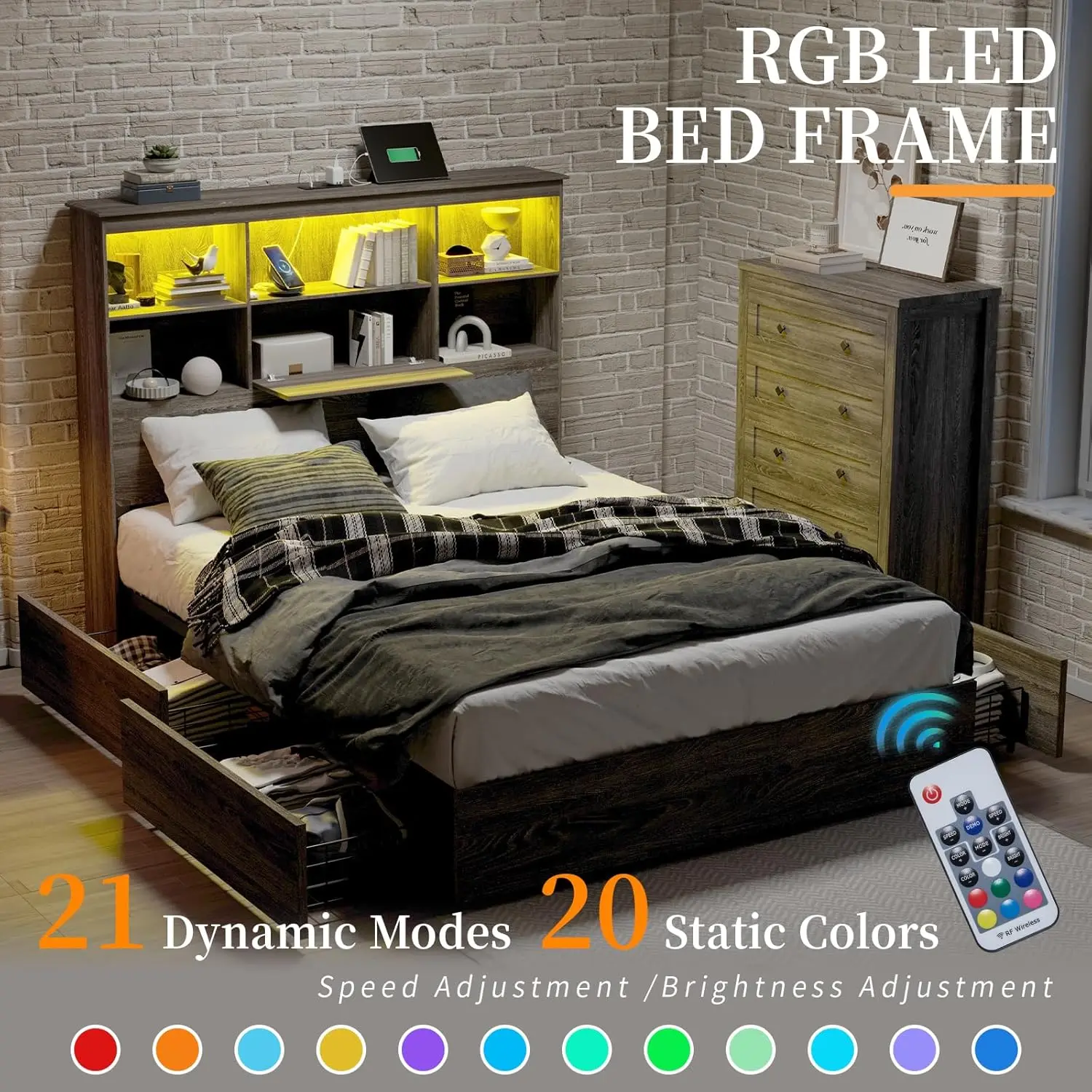 King Size Bed Frame with LED Bookcase Headboard, Wooden Storage Bed with Charging Station & 4 Drawers, No Box Spring Needed 4