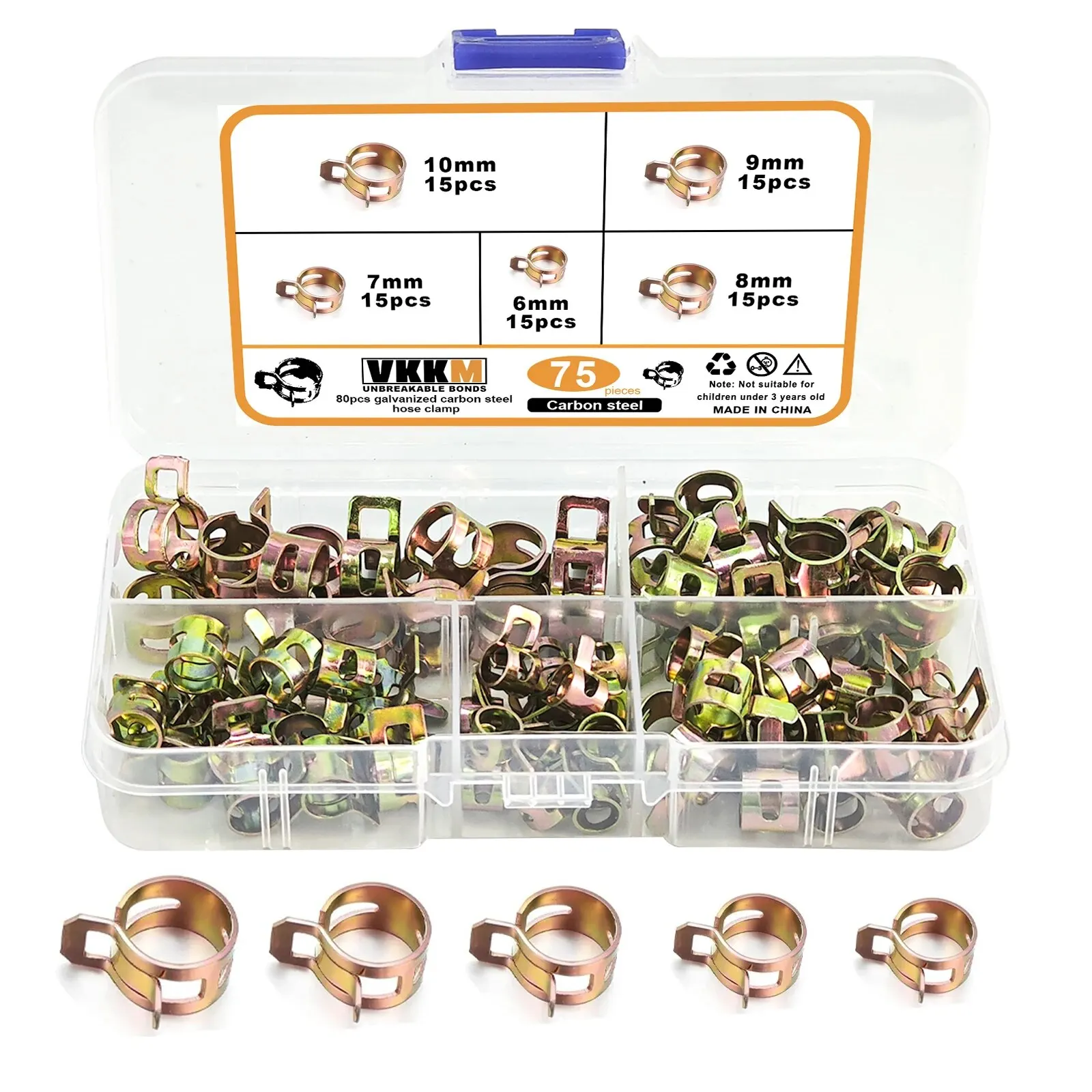 Hose Clamps 75Pcs 6-10mm Manganese Steel Spring Driven Hose Clamp Low Pressure Air Clamp Fastener Sorting Kit For Pipes Automobiles