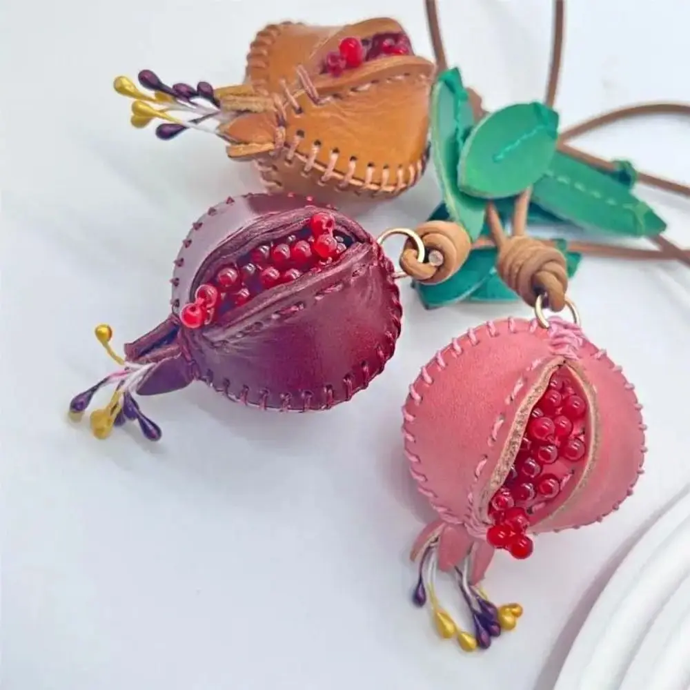 Cute Hanger Pomegranate Fruit Pendant Handmade Car Keyring Leather Keychain Creative Fashion Bag Pendant Accessories Women Girls
