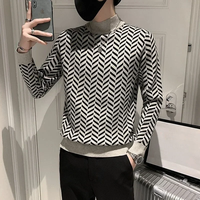 

Men's Clothing Patchwork Argyle Knit Sweater Male Pullovers Korean Fashion Collared Smooth Knitwears Old Over Fit Classic Warm X