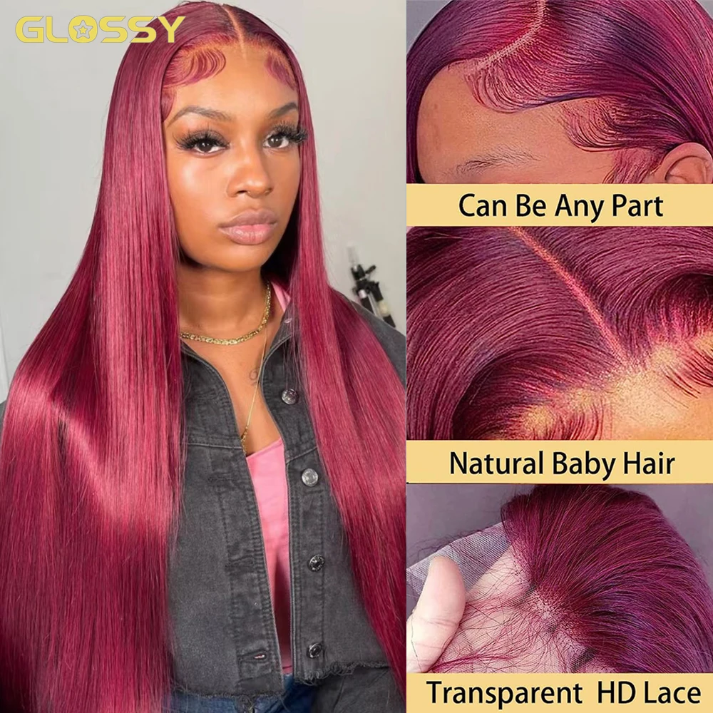 

30 Inch 99j Burgundy Lace Front Human Hair Wig 180 Density Glueless Pre Plucked Lace Wig 13x6 Bone Straight Hd Lace Frontal Wig