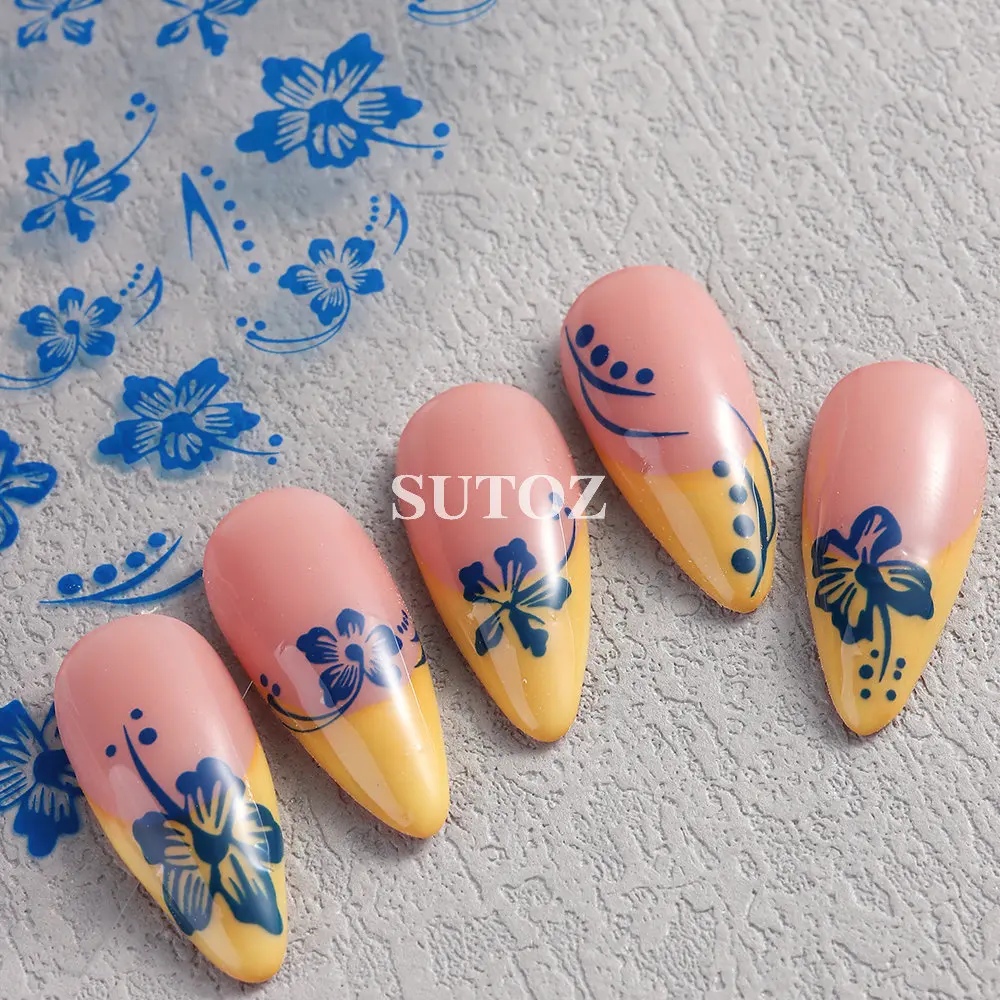 3D Blue Hibiscus Nail Art Stickers Yellow Hawaiian Flowers Decals Golden Floral Sliders Nail Charms Manicure Decors LEBSU-38 nail stickers,nail art decoration