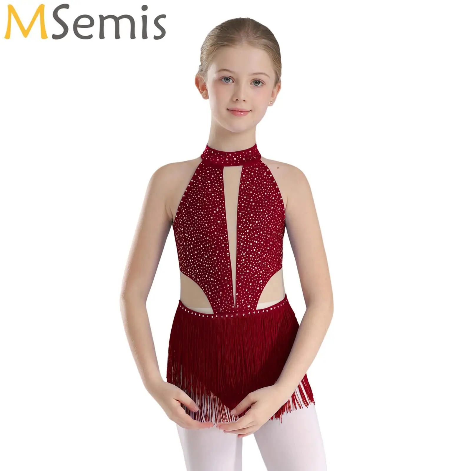 Kids Girls Sparkly Rhinestone Latin Dance Leotard Sleeveless Backless Fringed Bodysuit for Party Stage Performance Competition