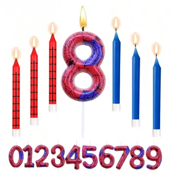 Bougies de numéro d'araignée rouge et bleue pour 8e anniversaire, 7 pièces, décorations de décoration de gâteau de bougie numéro 0-9 pour fêtes à thème de dessin animé d'araignée 1