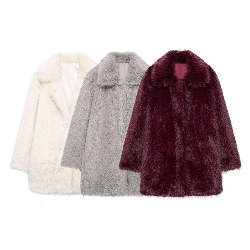 Fashion Solid Fluffy Faux Fur Coat Women Lapel Long Sleeve Thick Warm Loose Jackets 2025 Winter Elegant High Street Outerwear