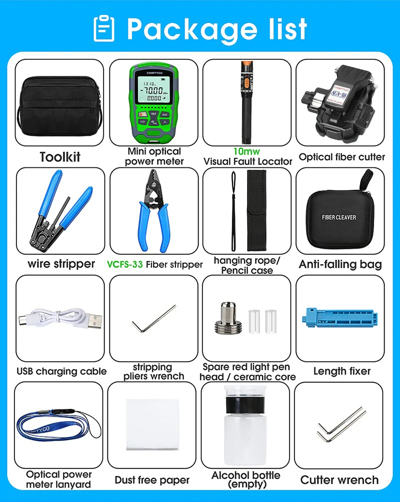 Fiber Optic Tool Kit with AUA-X6 Fiber Cleaver -70+10dBm/-50+26dBm 3 in 1 Mini Optical Power Meter 10Mw Visual Fault Locator