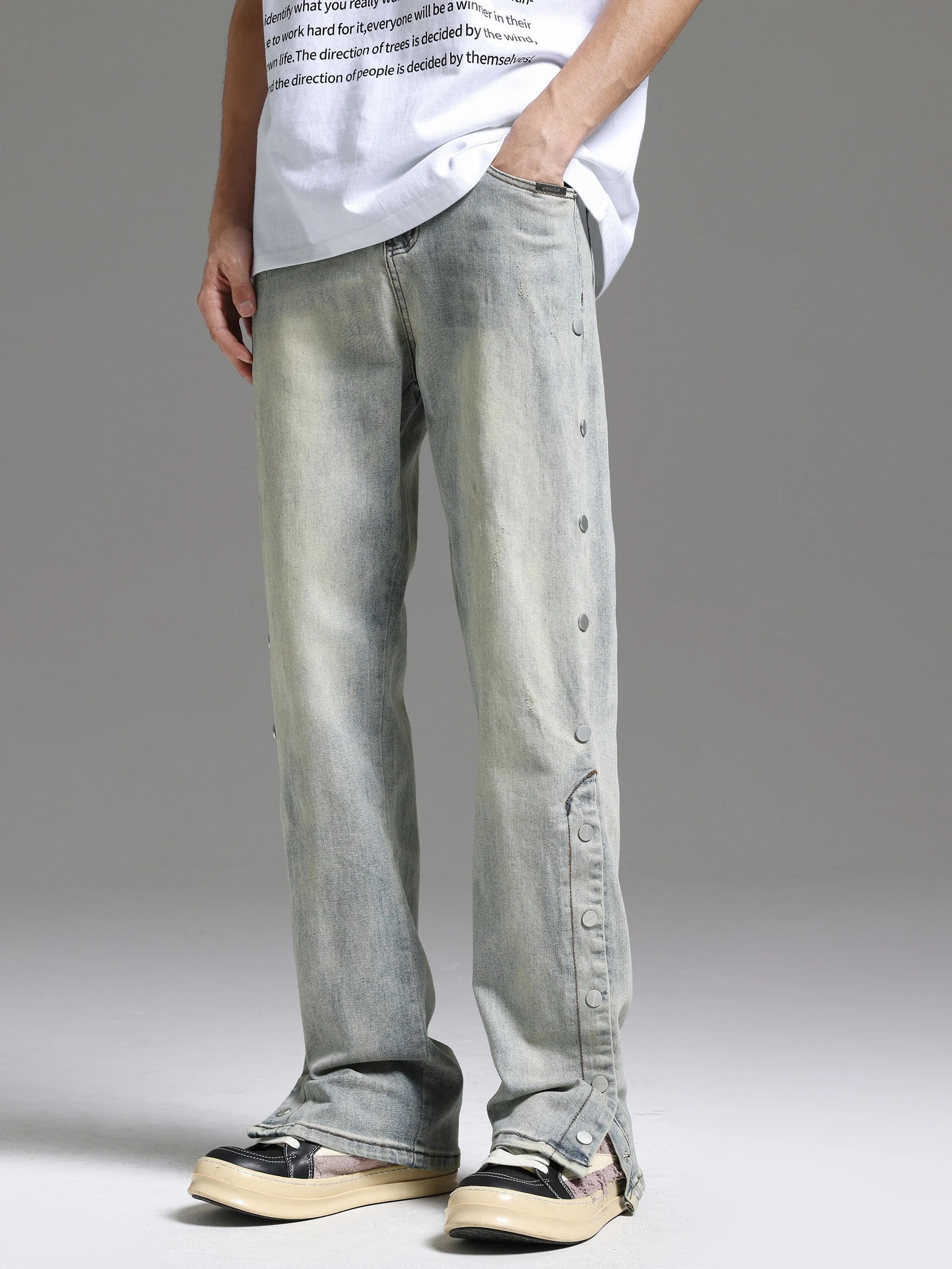 

Washed To Make Old Yellow Mud Side Breasted Jeans With Slits Stretch Straight Leg Pants