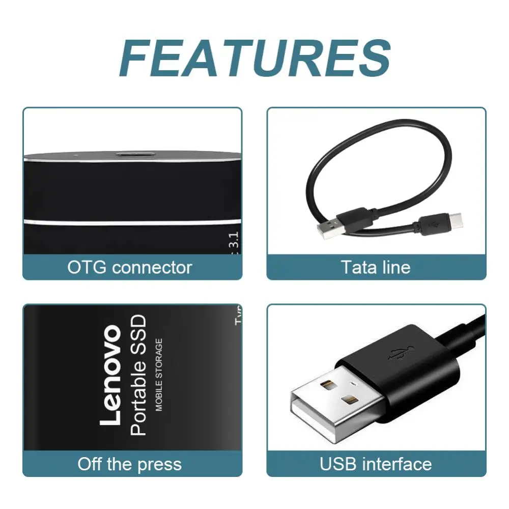 레노버 고속 모바일 솔리드 스테이트 드라이브, USB 3.1 하드 디스크, 노트북용 외장 스토리지 장치, 64TB 휴대용 SSD, 16TB