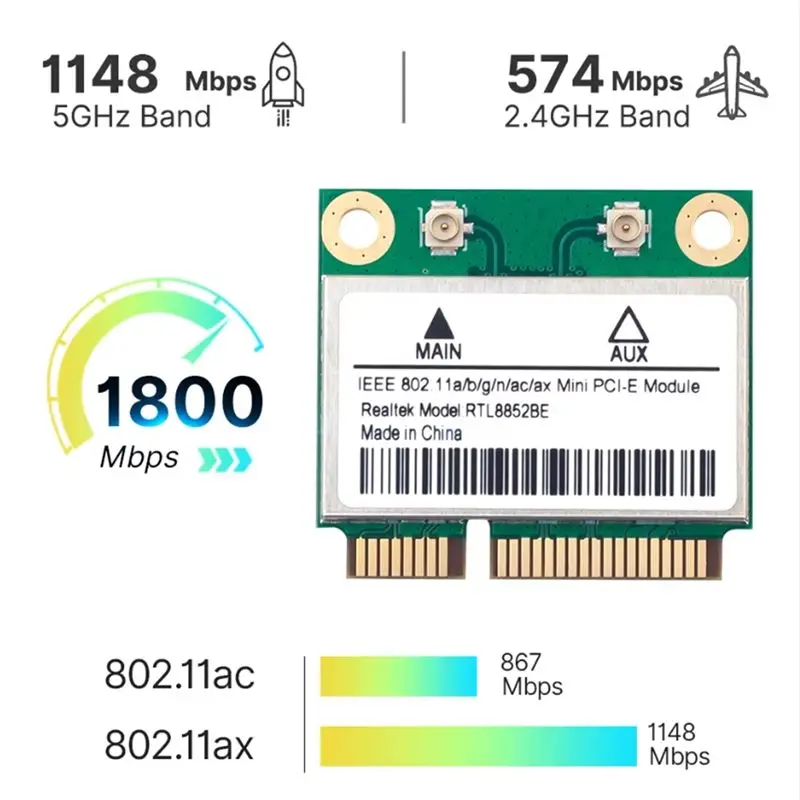 AX1800 Wifi 6 네트워크 카드 RTL8852BE 미니 PCI-E 듀얼 밴드 2.4G/5Ghz 어댑터(Windows 10/11용 BT 5.2 브래킷 포함)