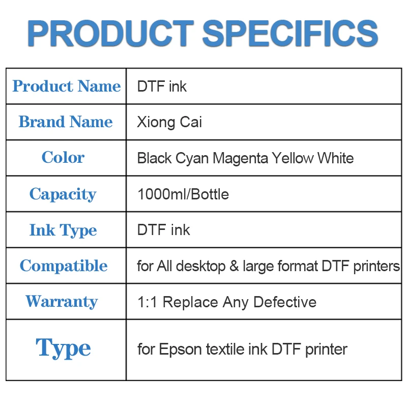 DTF 잉크, 화이트 컬러 잉크, 마젠타 옐로우 시안 블랙, 1000ml, 15PCs, 2PCs