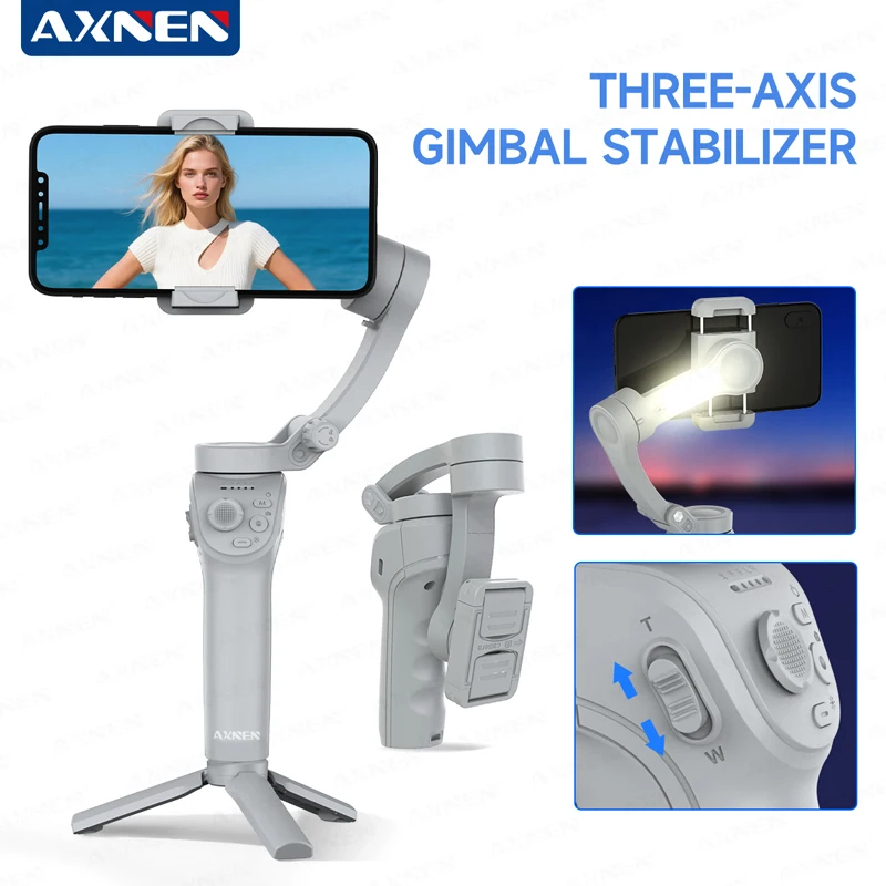 AXNEN HQ6 3-axlig Gimbal-stabilisator med LED-lampa för Smartphone