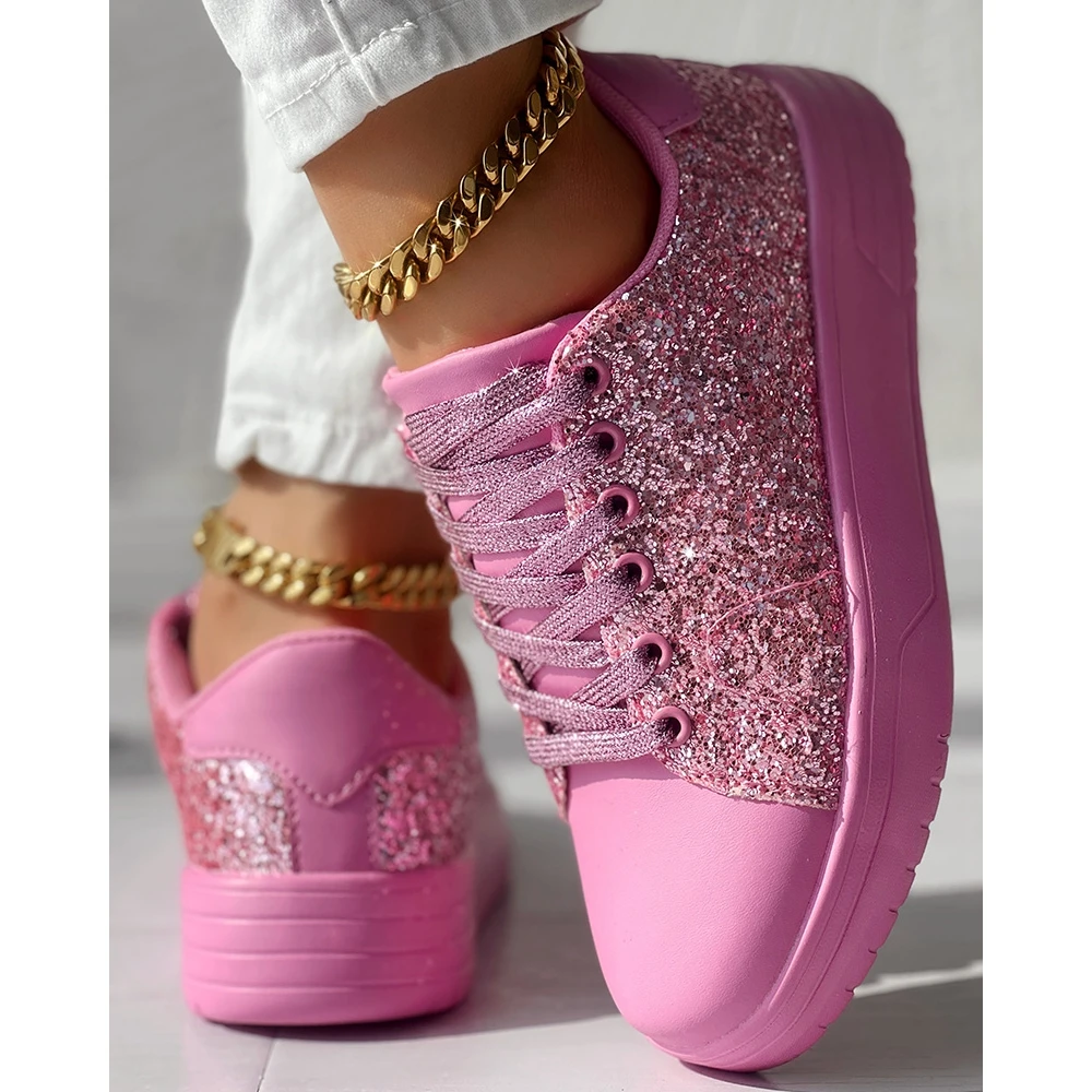 Bling Bling Sequins Decor Lace-up Flats Sneakers for Women Daily Casual Round Toe Pink Sports Shoes Spring Going Out Flats