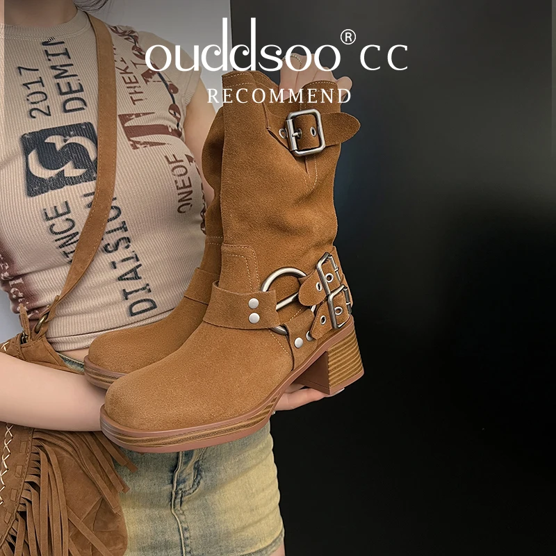 

ODS Thick High Heels Women Mid Calf Boots 2024 Hot Punk Gothic Knee High Motorcycles Boots Buckle Comfy Walking Autumn Winter