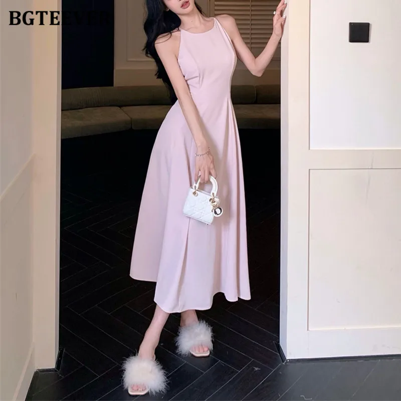 

BGTEEVER Spring Summer Fashion Slim Waist Female A-line Dress Elegant O-neck Women Sleeveless Midi Dress Ladies Vestidos