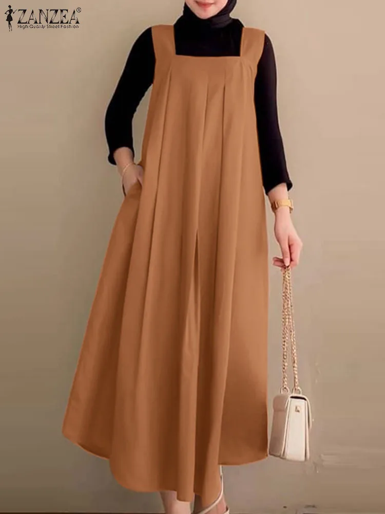 

ZANZEA Women Vintage Sleeveless Overalls Dress Autumn Casual Muslim Abaya Vestido 2023 Vintage Pleated Long Sundress Robe Femme