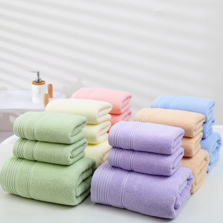 3PCS Towel Set Solid Color Cotton Large Thick Bath Towel Bathroom Hand Face Shower  Towels Home