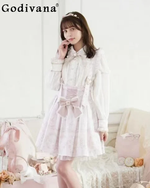 

Japanese Mine Mass-Produced Ribbon Bow Rhinestone Heart Buckle Removable Printed Suspension Skirt Slim-Fit Y2k Pink Skirts Women