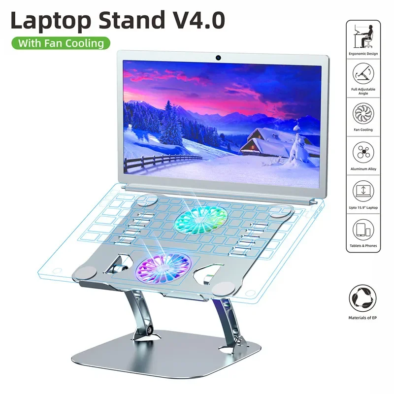 

Laptop Stand with Double cooling fan Foldable lift Notebook holder aluminum alloy for laptops under 17 in