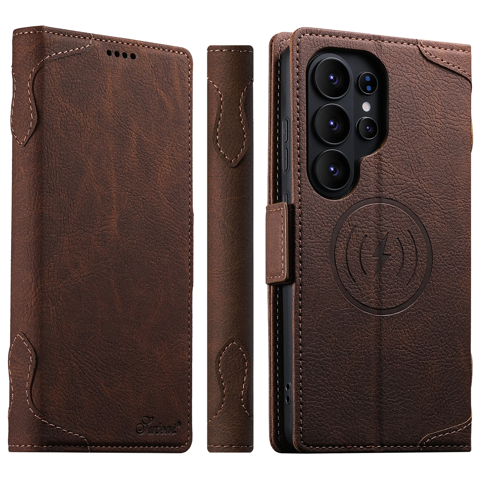 Wireless Charging Flip Leather Phone Case with Stand and Magnetic Card Slot