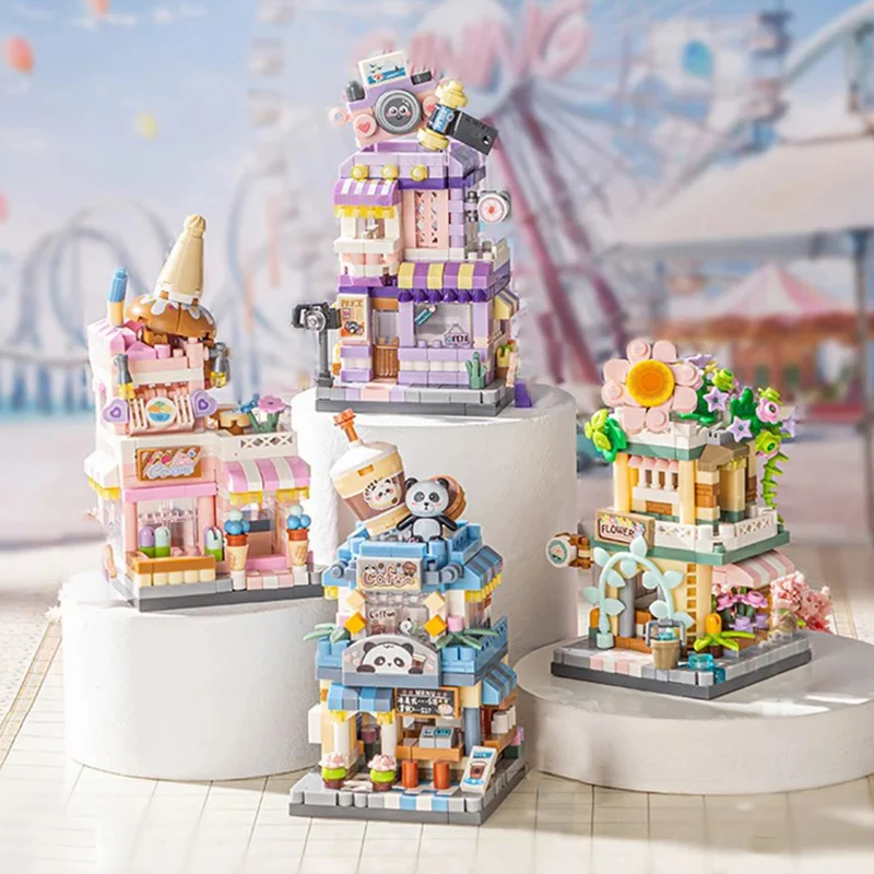 

Cartoon House Building Blocks Cute Street Scene Cafe Ice Cream Shop Assembled Ornaments for Adults and Children Toys Brick Gifts