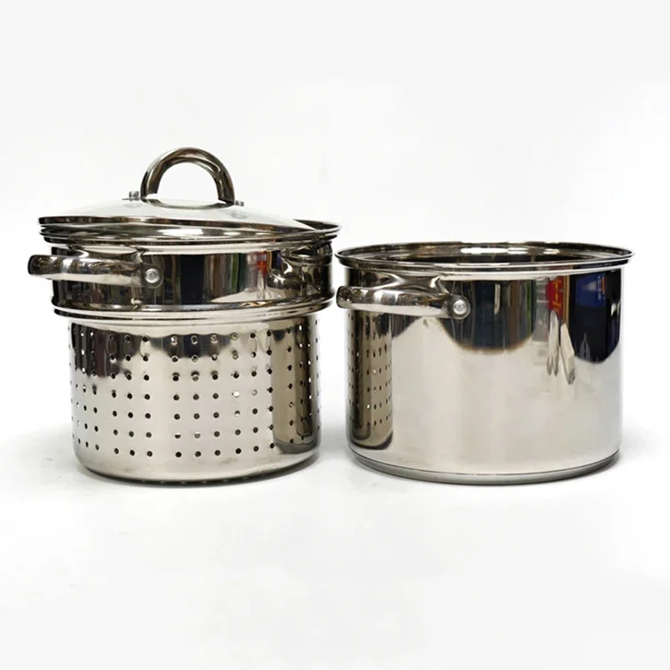 Italy Style Stainless Steel Pasta Cooking Pot Set With Strainer For Pasta Steamer With Glass Lid