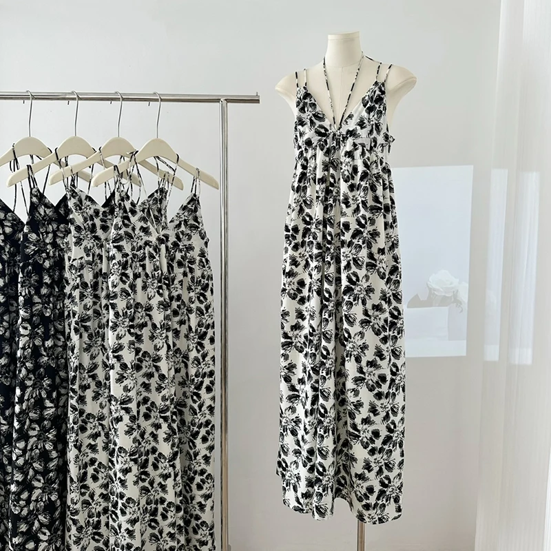 

Elegant Floral Printed Suspender Dress Women Summer 2023 New French Sleeveless Backless Seaside Vacation Beach Long Dresses