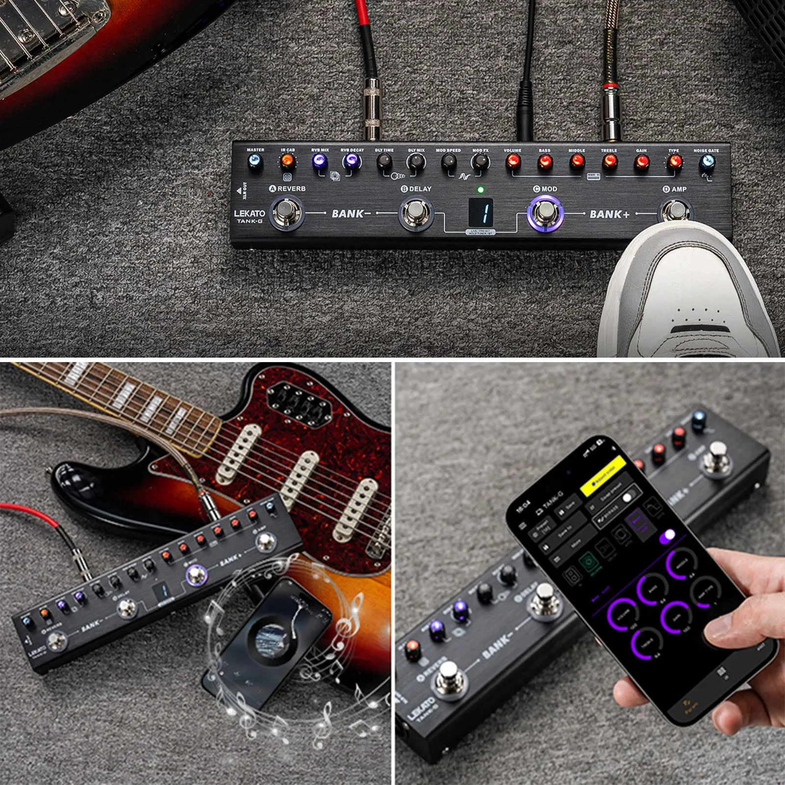 LEKATO Multi Effects Guitar Pedal with 36 Presets Editable 4 Modules Amp Chorus Delay Reverb IR CAB Tuner BT Music Recording