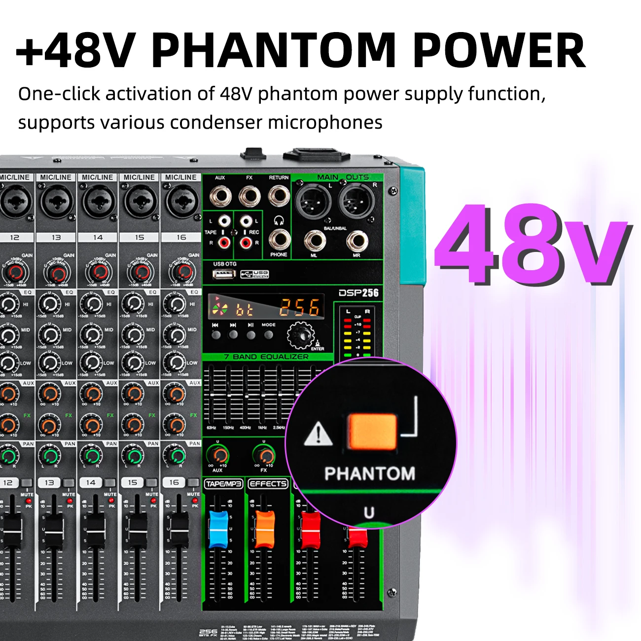 16 Channels Audio Sound Mixer Depushng MG16 Mixing DJ Console USB with 48V Phantom Power 256 DSP Effects Sound Table for stage