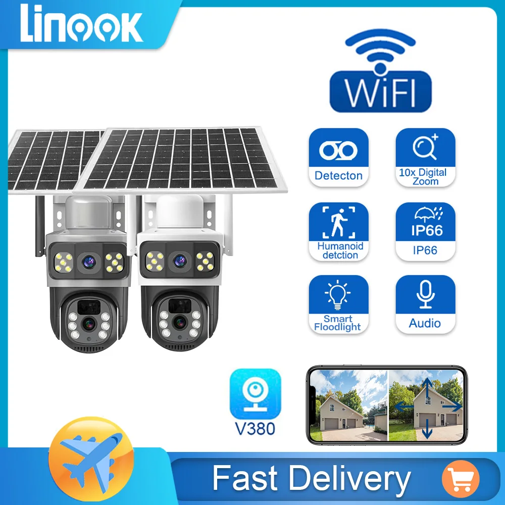 Linook 듀얼 렌즈 태양열 야외 카메라, 와이파이 무선 야외 방수 팬 틸트, 보안 카메라, V380 프로 10x 줌, 8MP 4K