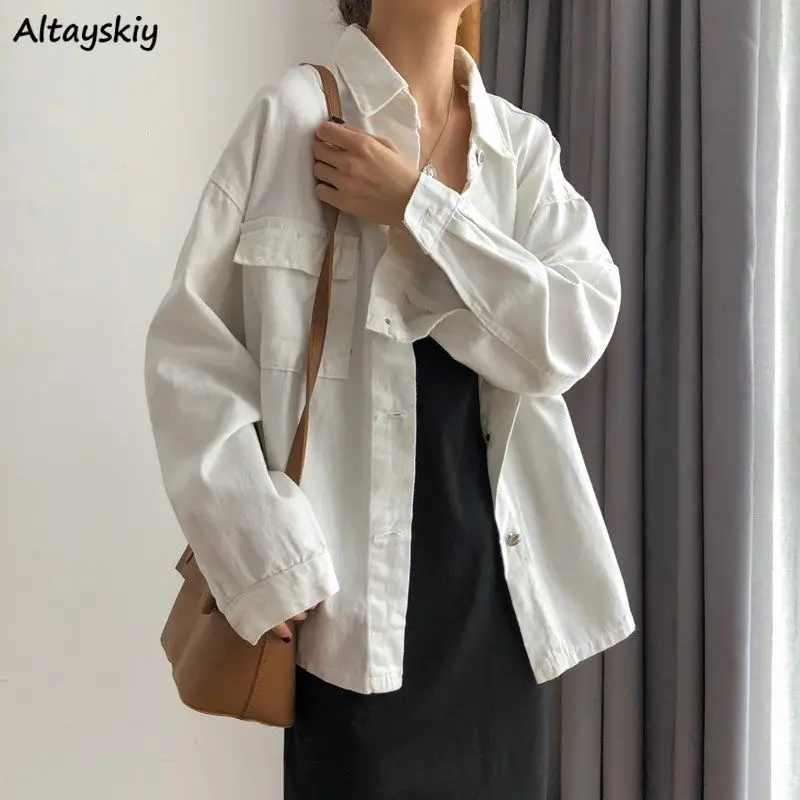 

Базовые куртки для женщин, однотонная джинсовая простая свободная модная повседневная Весенняя верхняя одежда в Корейском стиле, универсальный дизайн с длинным рукавом