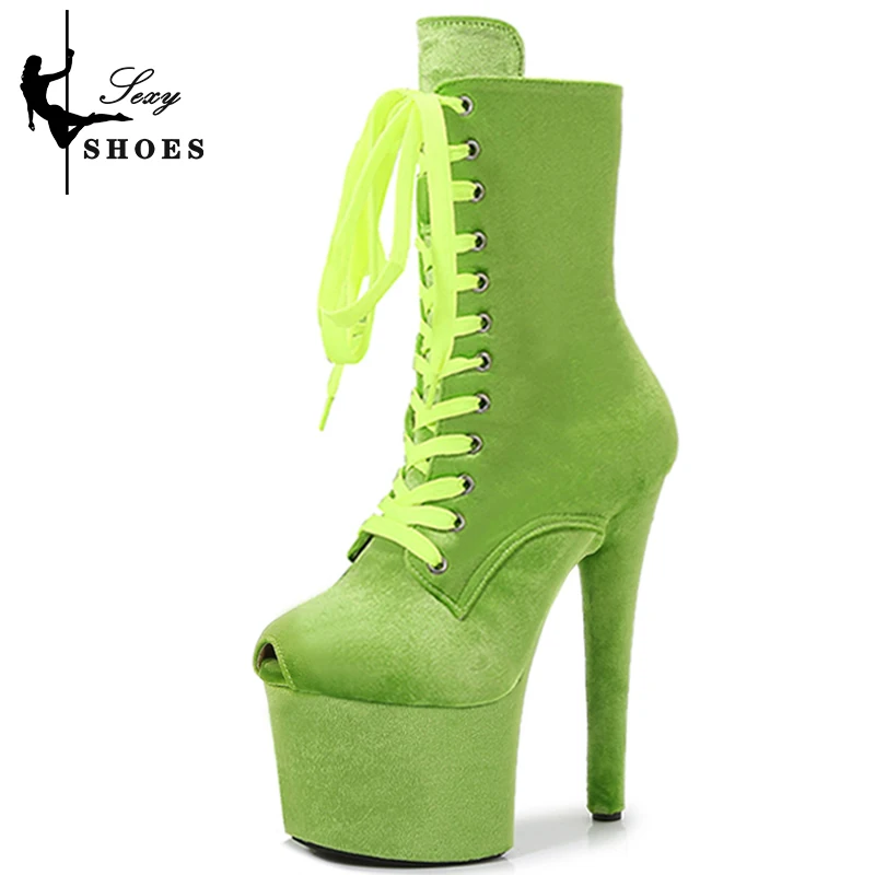 Female Shoes 17cm/7Inch Super High Heel Shoes Women High Thin Heels Velvet Roman Knight Short Boots Lace-up Platform Stiletto