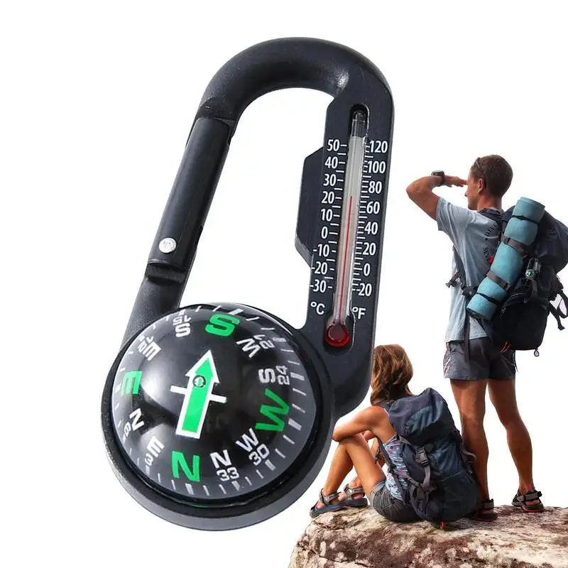 Outdoor Mountaineering Buckle Compass Pointer Mini Keychain Thermometer Compass Key Hook Camping Tools Compass Carabiners