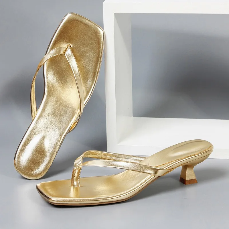 Summer Women Fashion Soft Leather Square Toe Cat Flip-flops Thin Belt Thin Heel Soft Sole