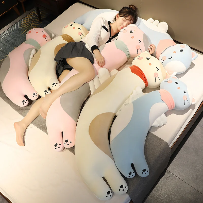

110/140CM Cute Curved Shape Cat Plush Toys Lovely Kitten Pillow Sleeping Cushion Soft Stuffed for Girlfriend Birthday Gifts
