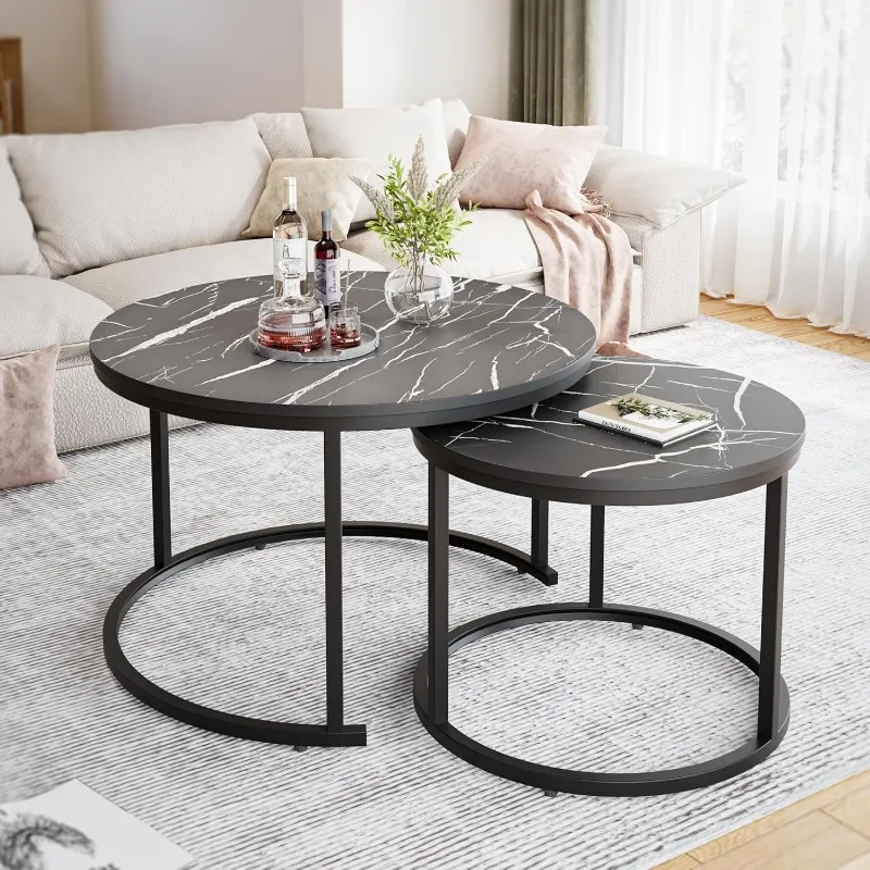 27.5" Nesting Coffee Table,Round Coffee Table Set of 2,Wooden Marble Pattern Nesting Table,Modern End Table for Living Room, 3
