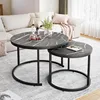 27.5" Nesting Coffee Table,Round Coffee Table Set of 2,Wooden Marble Pattern Nesting Table,Modern End Table for Living Room, 3