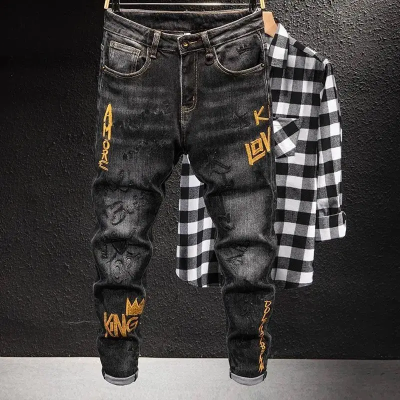 Korean Luxury Streetwear Punk Casual Slim Fit Denim Jeans for Spring and Autumn with 3D Embroidery Design men jeans mens jeans jeans trousers denim trousers