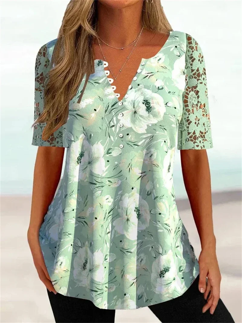 Женская кружевная блузка с коротким рукавом, Повседневная Свободная блузка на пуговицах с V-образным вырезом и цветочным принтом, лето 2023