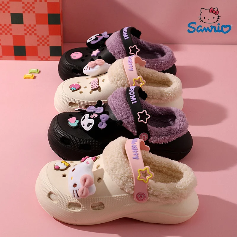 

Новые плюшевые туфли Sanrio с дырками My Melody Kuromi осень-зима милые модные милые Стильные теплые домашние тапочки Baotou праздничный подарок