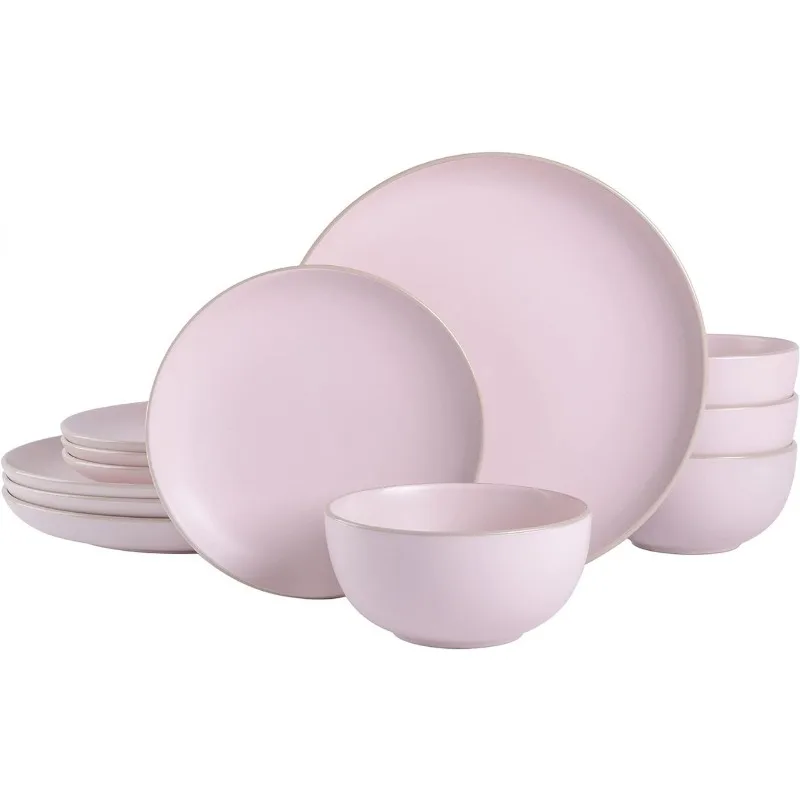 

Round Stoneware Dinnerware Set, Service for 4 (12pcs), White Dinner Plates Service Assiette Marble Dinner Set