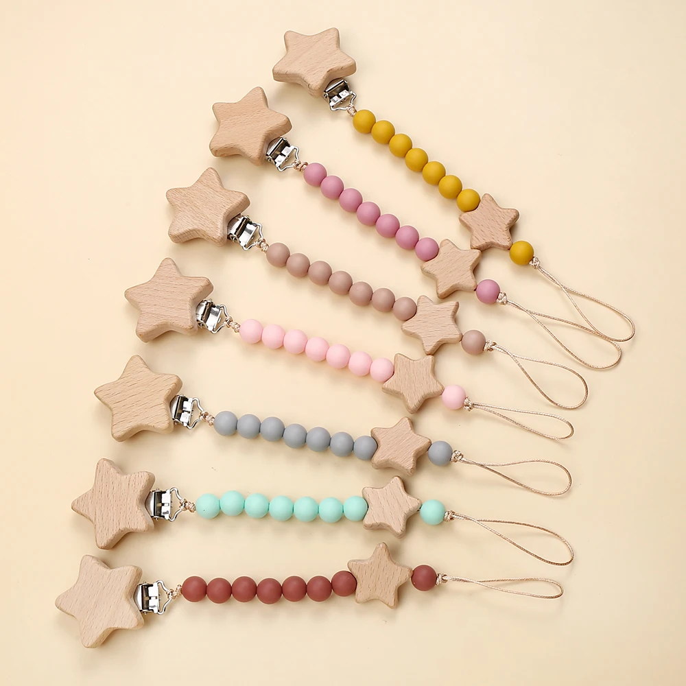 Beech Wooden Star Pacifier Baby Pacifier Clip Nipple Holder Dummy Holder for Baby Nursing Toys Accessory