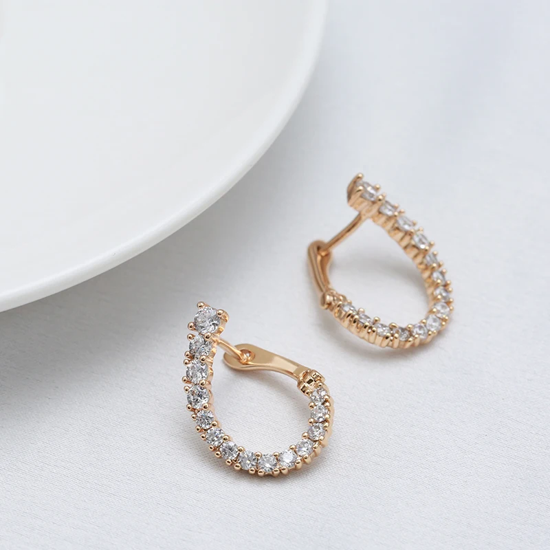 Full Zircon Half Open Curve Geometric English Earrings for Women 585 Gold Color Girl's Party Jewelry Daily Unusual Accessories - Image 3