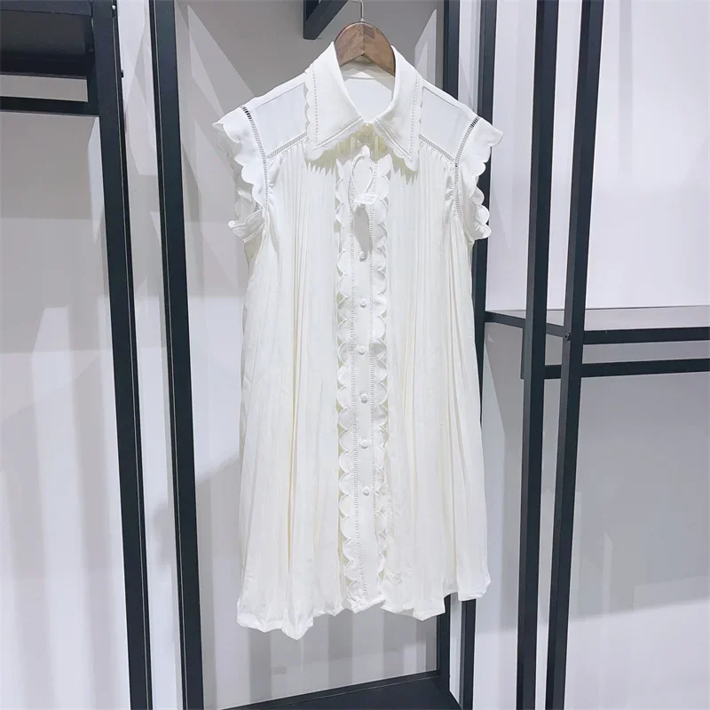 

Women Scallop Trim Mini Robes Sleeveless White or Black Pleated Fashion Female Turn-down Collar Single Breasted Dress