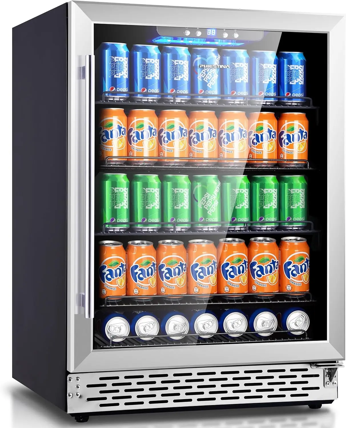 

Phiestina Beverage Refrigerator 175 Cans Under Counter Beer Cooler 24 inch Quiet Built-in or Freestanding Beverage Fridge Glass