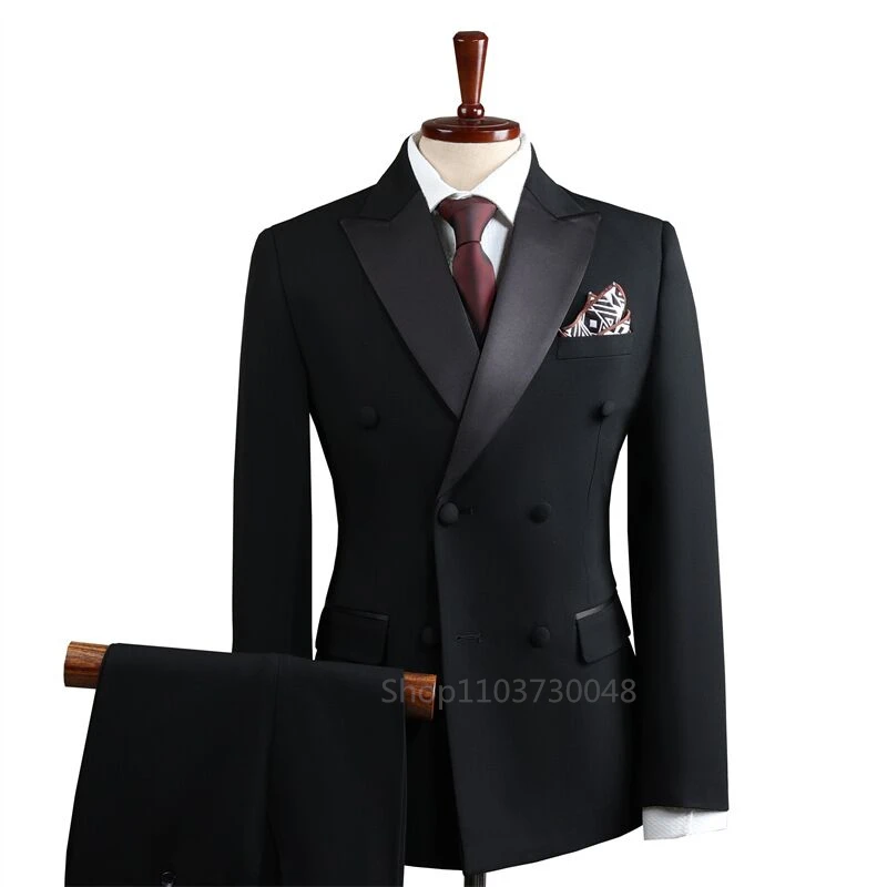 Black Men's 3 Pieces Suit Peak Lapel Double Breasted Jacket Vest Pants Wedding Groom Tuxedos Slim Fit Formal Business Suits