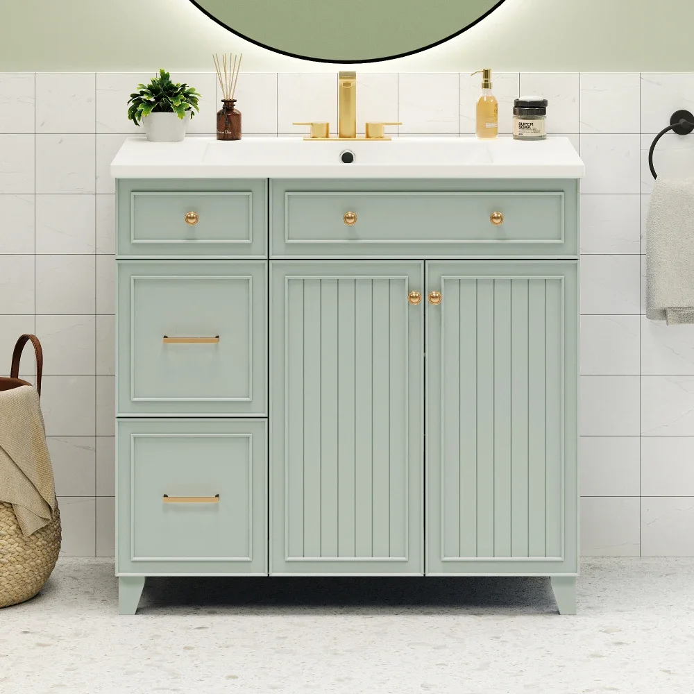 36-inch Bathroom Vanity, Transitional Style Bathroom Cabinet with Resin Sink, Navy Blue Single Bathroom Cabinet, with 2 Drawers 4