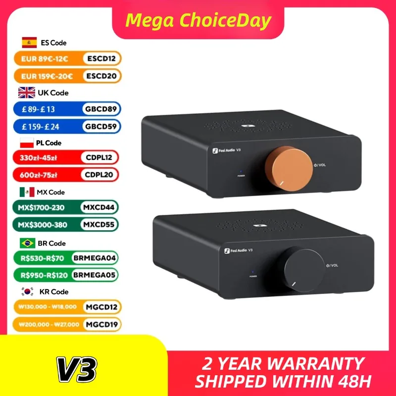 Fosi Audio V3ステレオパワーアンプ 300W×2 TPA3255 クラスD