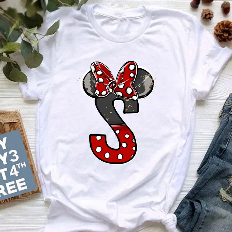 Ropa de verano de manga corta de Disney para niños, camisetas de algodón con estampado de letras de Minnie Mouse, camisetas de la AZ para niños, camisetas Y2k para niños y niñas
