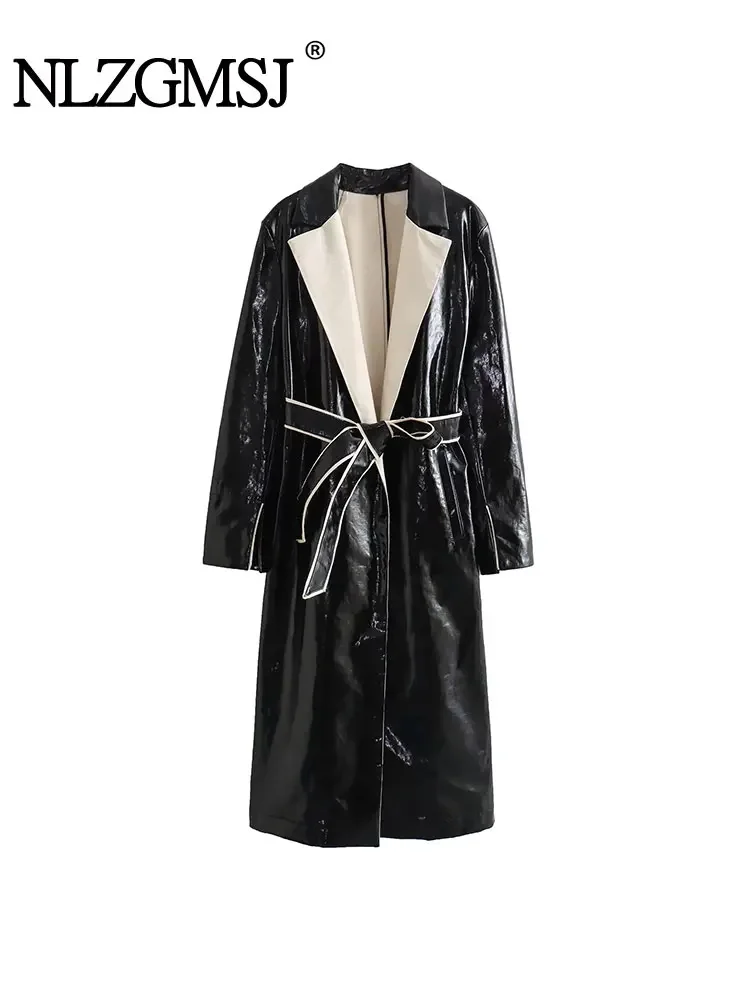 

Nlzgmsj TRAF 2024 Faux Leather Winter Coat For Women Collection Autumn Jackets Long Trench Coats With Belt Windbreaker