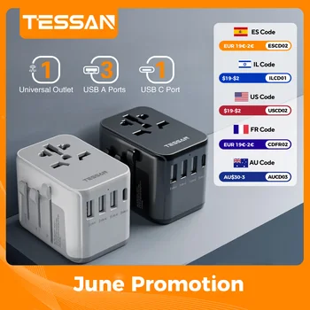 TESSAN Universal Travel Adapter with USB Port and Type C, Worldwide Power Adapter EU/UK/USA/AUS Plug for Travel